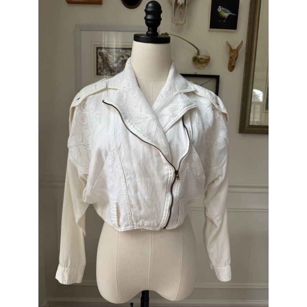 Vintage 80s 90s Flamingo Sport White Lace Cropped Moto Top Jacket M
